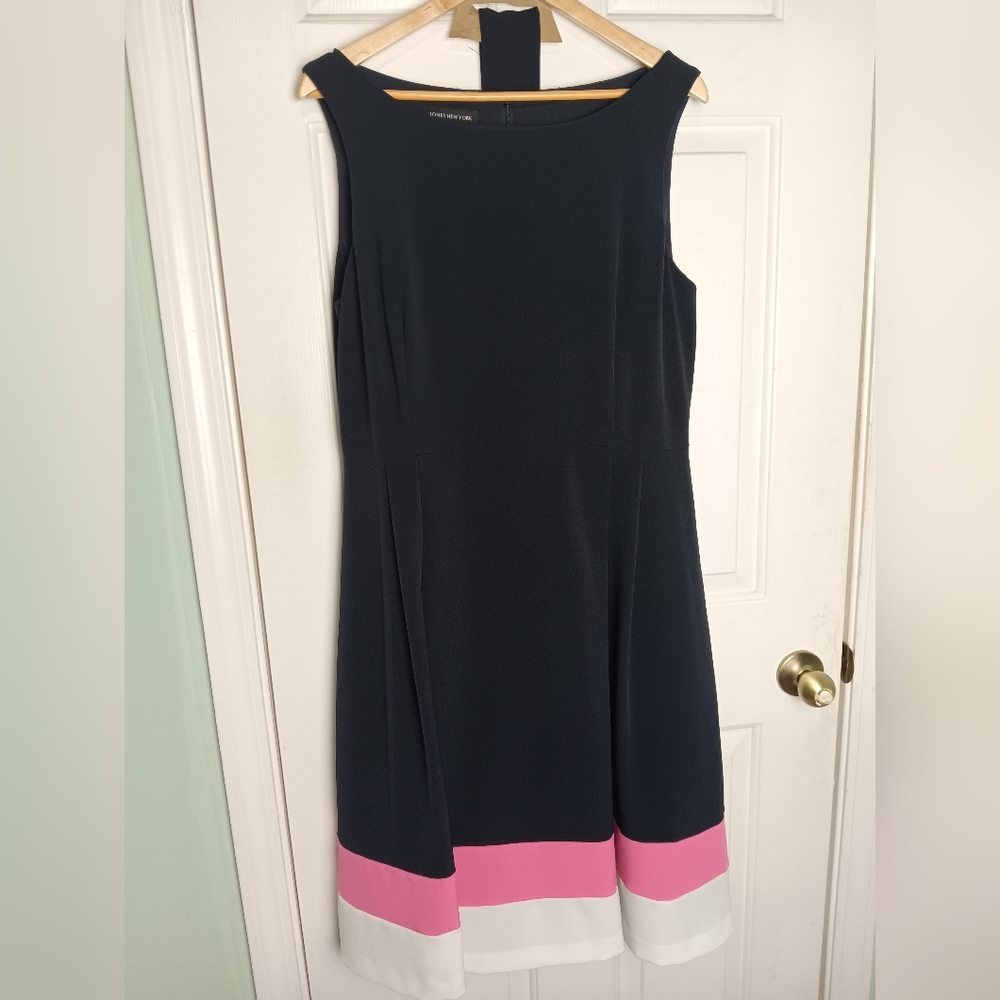 Jones New York Sleeveless Navy Pink White Stretch Dress With Tie Size 14